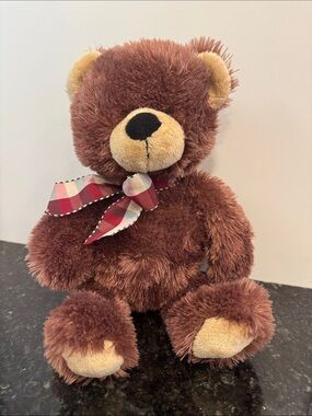 Gund Brown TD Bear Red Plaid Bow 15" Plush Stuffed Animal